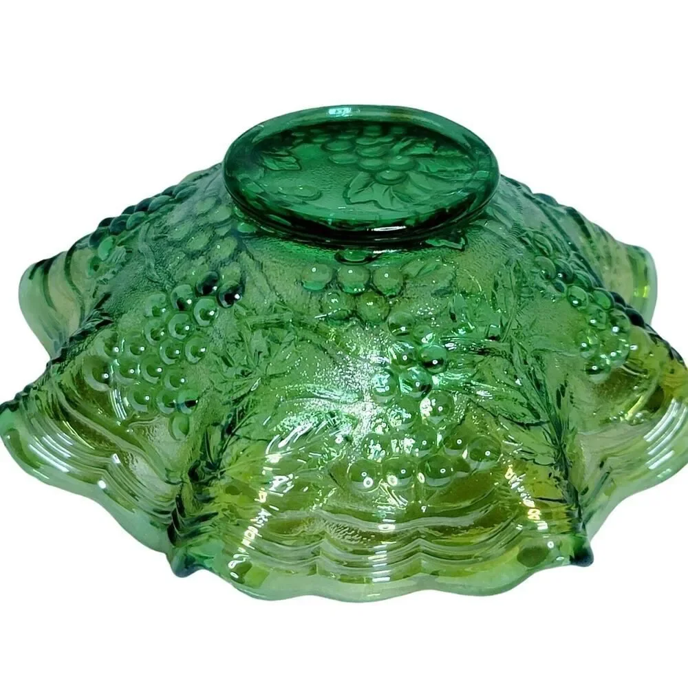 Vintage Imperial Carnival Glass Green‎ Ruffled Bowl Grapes Uranium?